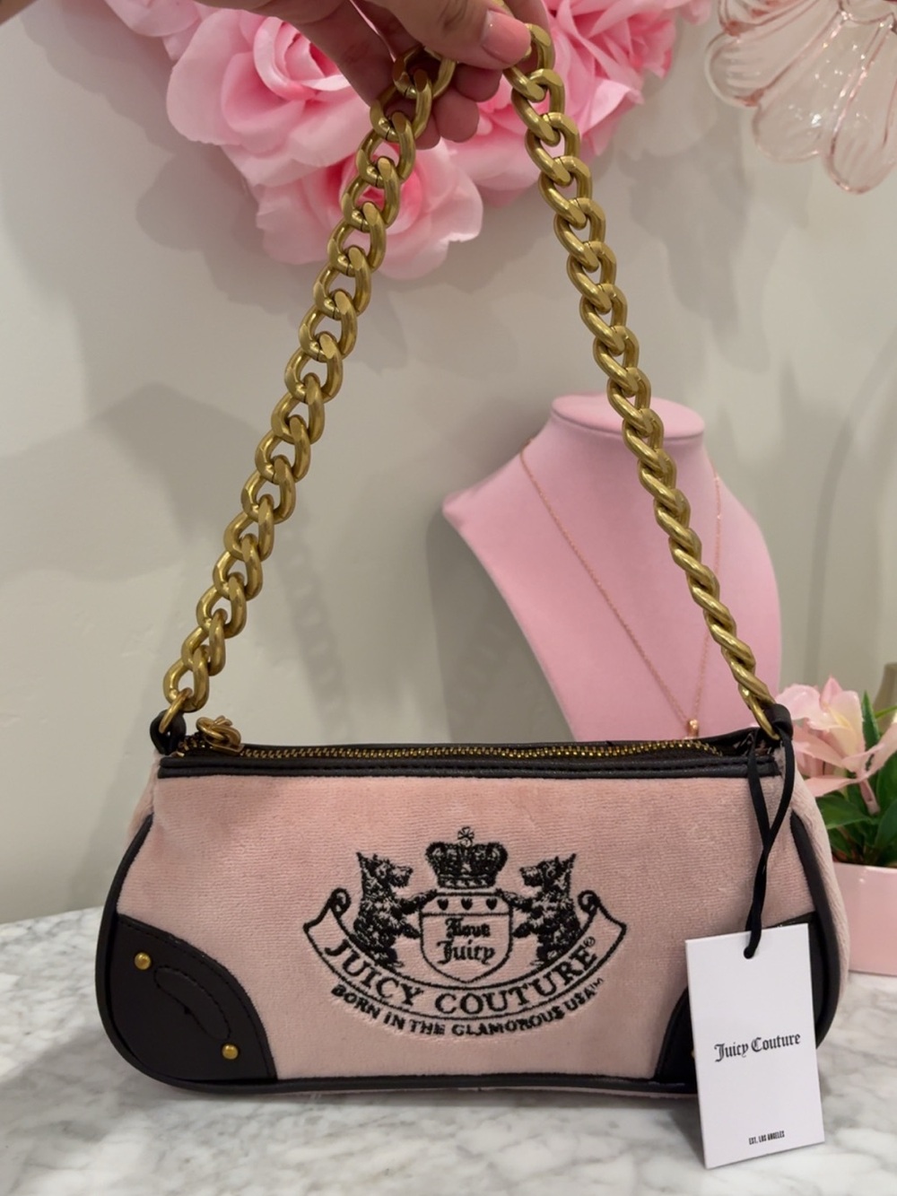 Juicy Couture Pink Velvet Shoulder Bag with Gold Chain Strap